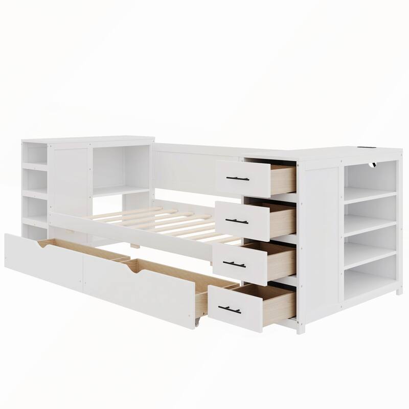 White Wooden Twin Size Daybed with Multi-Functional Desk and Charging Station