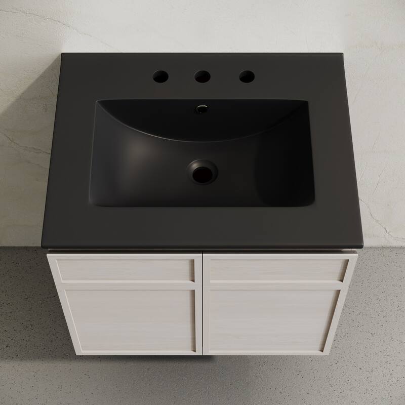 St. Tropez 24" Wall-Mounted Bathroom Vanity In White Oak With Black 3-Hole Widespread Sink Top - 24