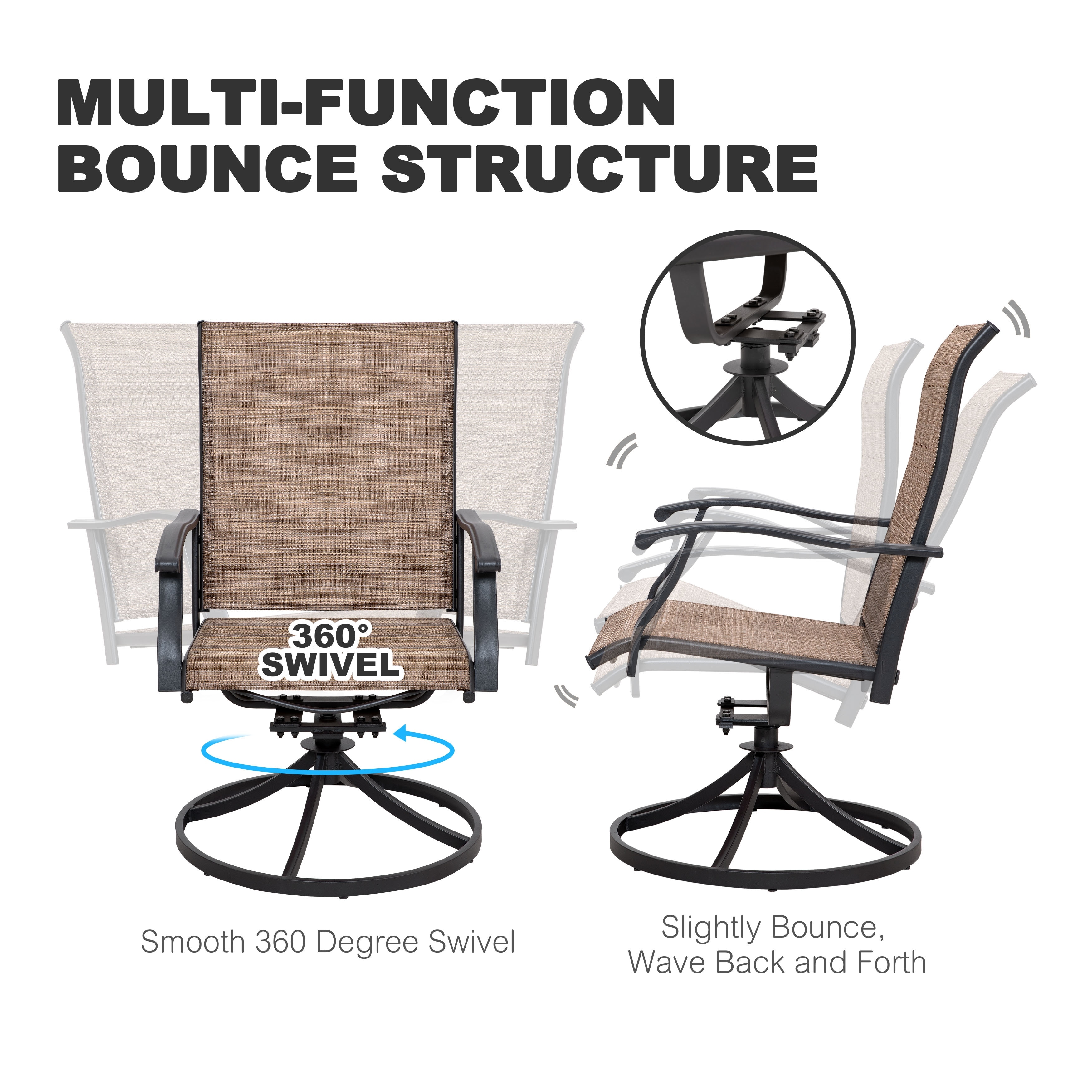 Brown Swivel Textilene and Iron Outdoor Patio Chairs with Powder