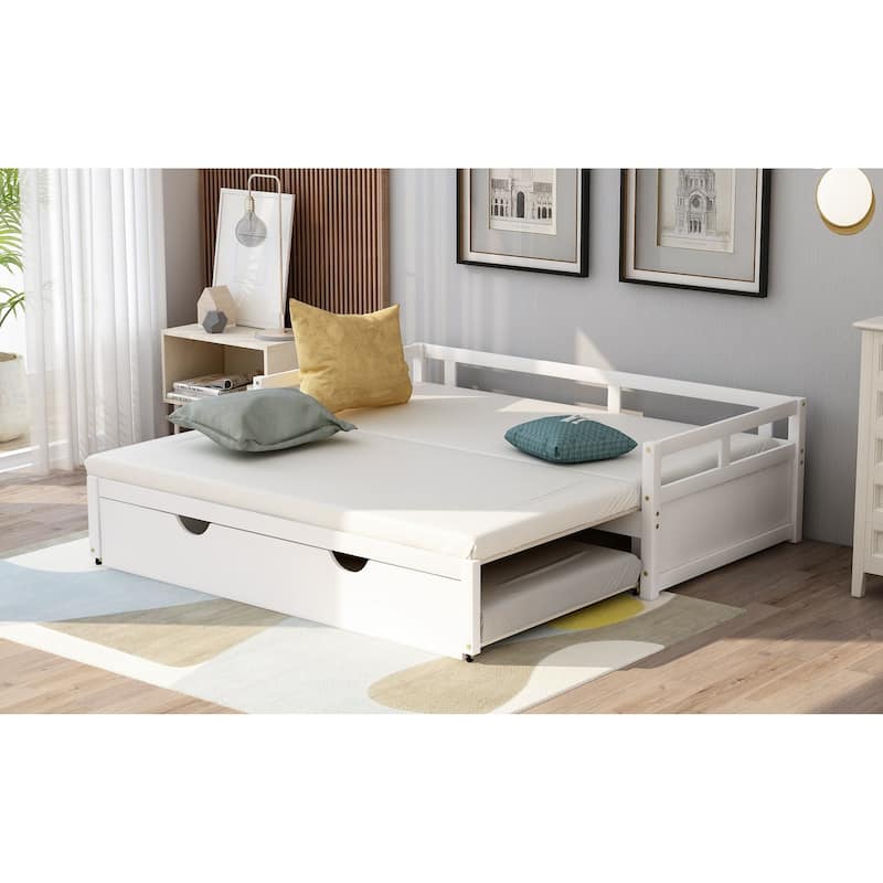 White Twin Size Pine Wood Extending Daybed with Twin Size Trundle, Sturdy Frame, Slat Kit Included