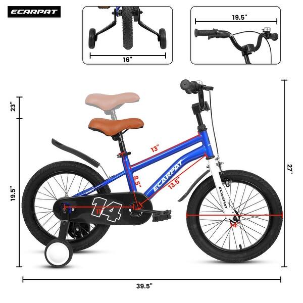 dimension image slide 2 of 7, Adjustable 14" & 16" Kids Bike with Training Wheels, Safe Brakes & Easy Assembly