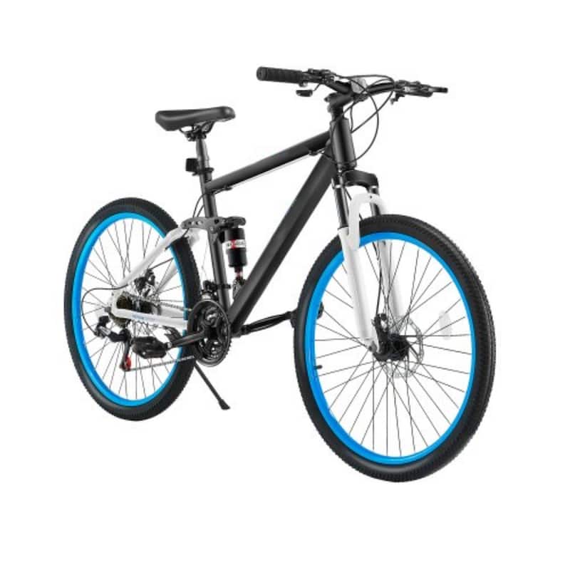 Black-Blue Aluminum Mountain Bike, 21 Speeds and Front Suspension - 67.7” L x 24.8” W x 39” H