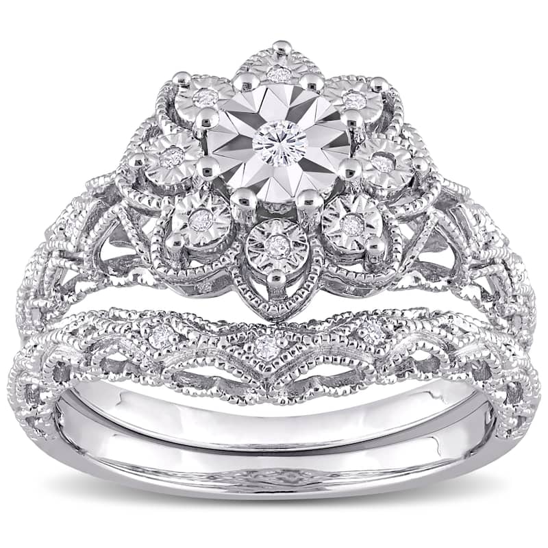 Miadora Sterling Silver 1/10ct TDW Diamond Floral Vintage Bridal Ring Set