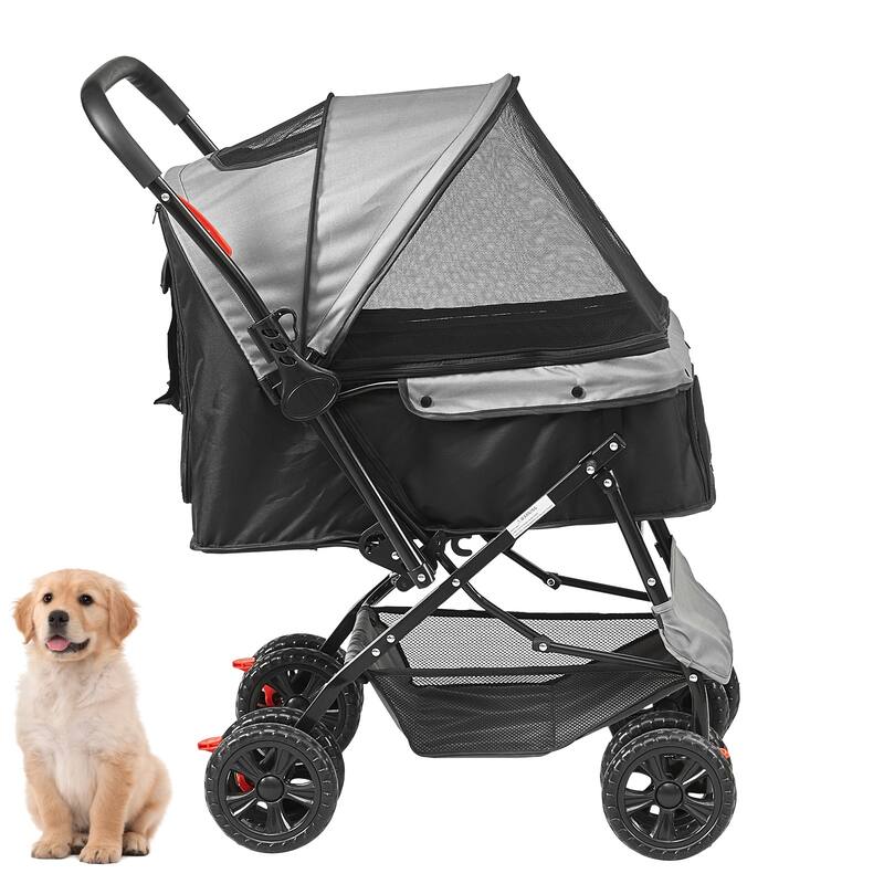Pet Stroller with Breathable Mesh Windows and Height-Adjustable Height