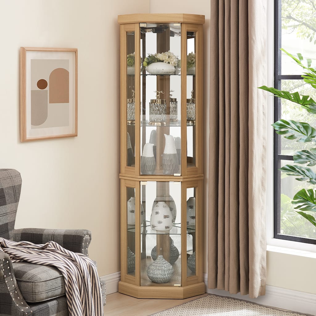 Vintage Display Case with Adjustable Glass Shelves and Lighting System for Living Room, Kitchen
