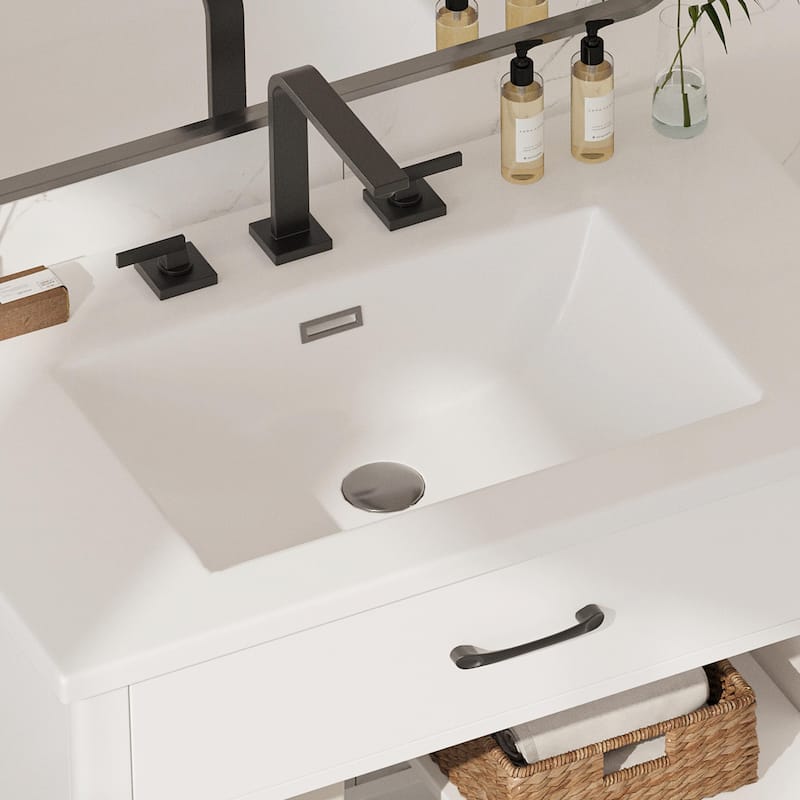 31" Bathroom Vanity with Tempered Glass - Modern Cabinet with Rubber Wood Legs and Soft-Close Doors
