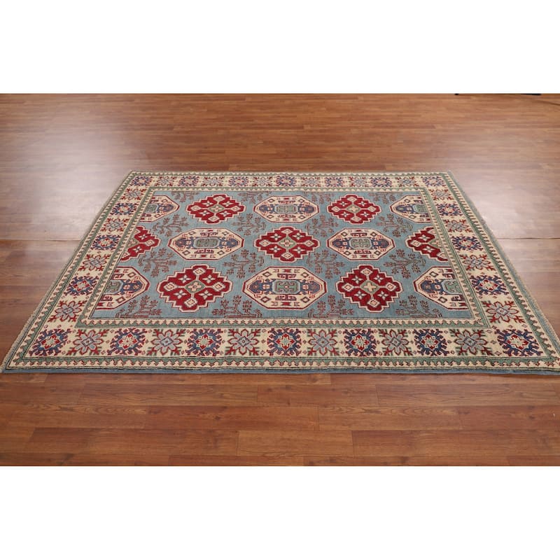 Light Blue Geometric Kazak Rug Hand-Knotted Oriental Wool Carpet - 4'11" x 6'8"