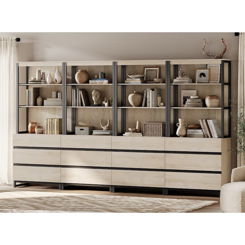 WAMPAT Modern 72" Tall Bookcase with Drawers and Open Book Shelfs, Library Book Shelf for Home Office, Living Room