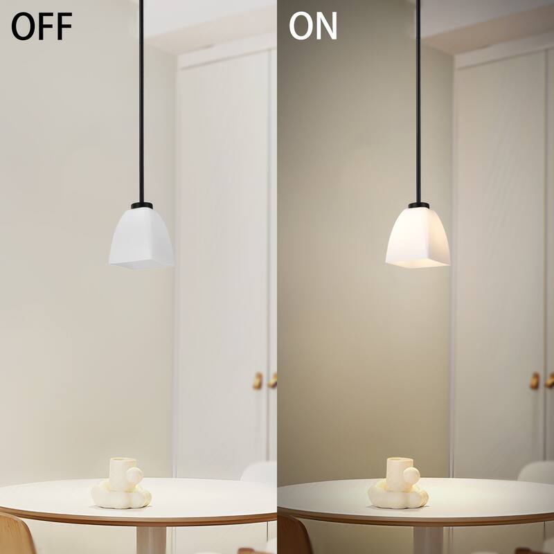 1-Light Matte Black Mini Pendant with Pyramid Shaped Etched White Glass Shade