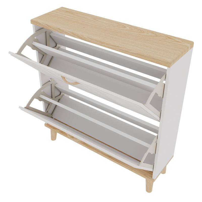 Modern White Flip Top Shoe Cabinet with Storage - 2 Tier Shoe Rack