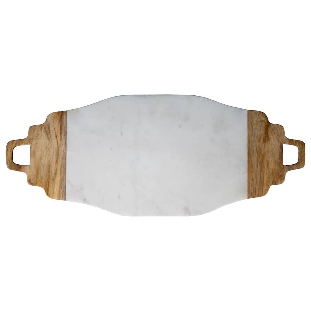 Foreside Home & Garden White Marble and Wood Handled Kitchen Serving Cutting Board