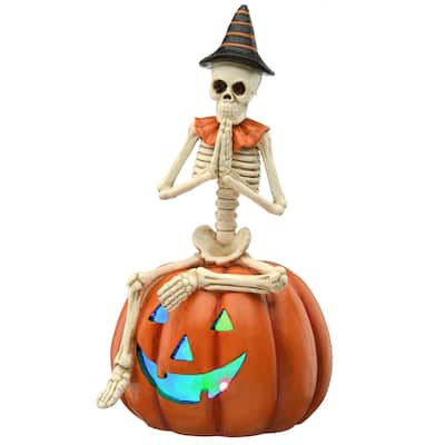National Tree Company Halloween Trick or Treat Skeleton on Jack O' Lantern, White and Orange, LED Lights, 12 inches - 12 in