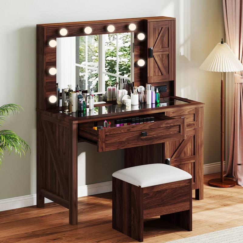 Moasis Farmhouse Makeup Vanity Desk Set with Mirror and Lights, Charging Station and Storage Stool