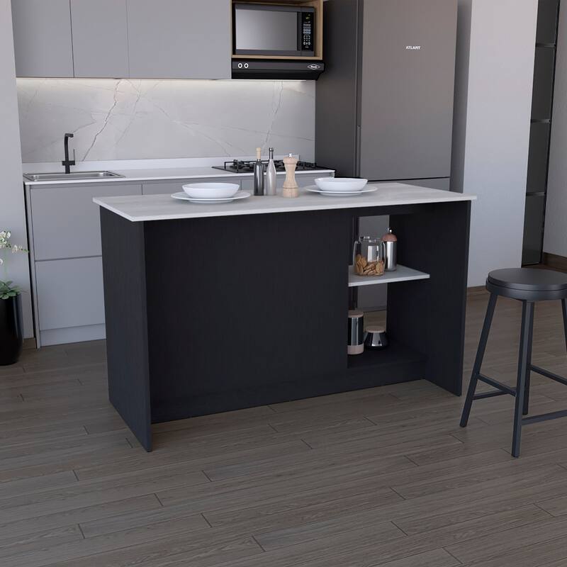 Kitchen Island with Large Countertop, Open Storage Shelves and Double Door Cabinet