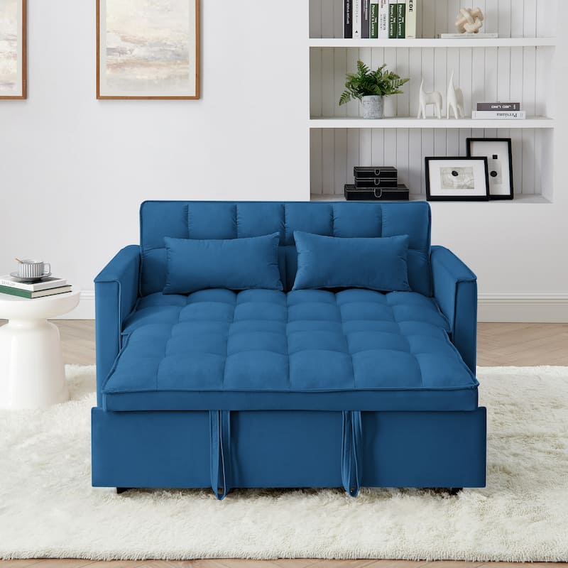 54.33 inch versatile foldable sofa bed in 3 lengths, velvet pull-out bed, adjustable back (Antique Blue)