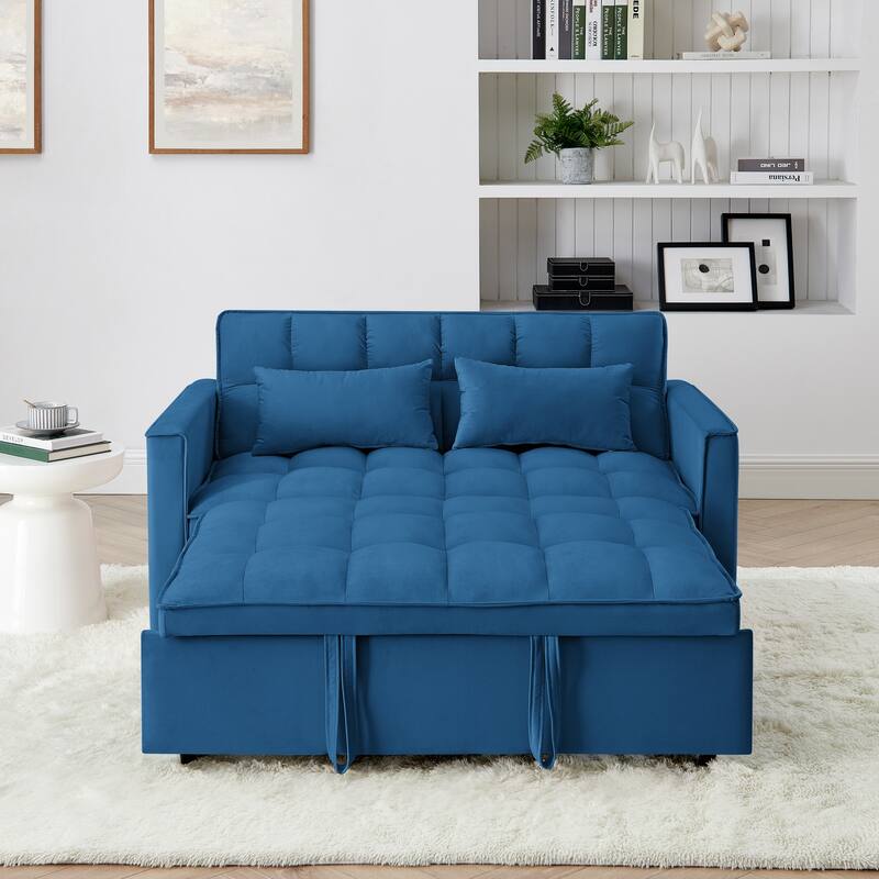 Velvet Foldable Sofa Bed, 3 In 1 Convertible Sofa Bed, Pull Out Couch Bed with Adjustable Backrest, Side Pockets & 2 Pillows