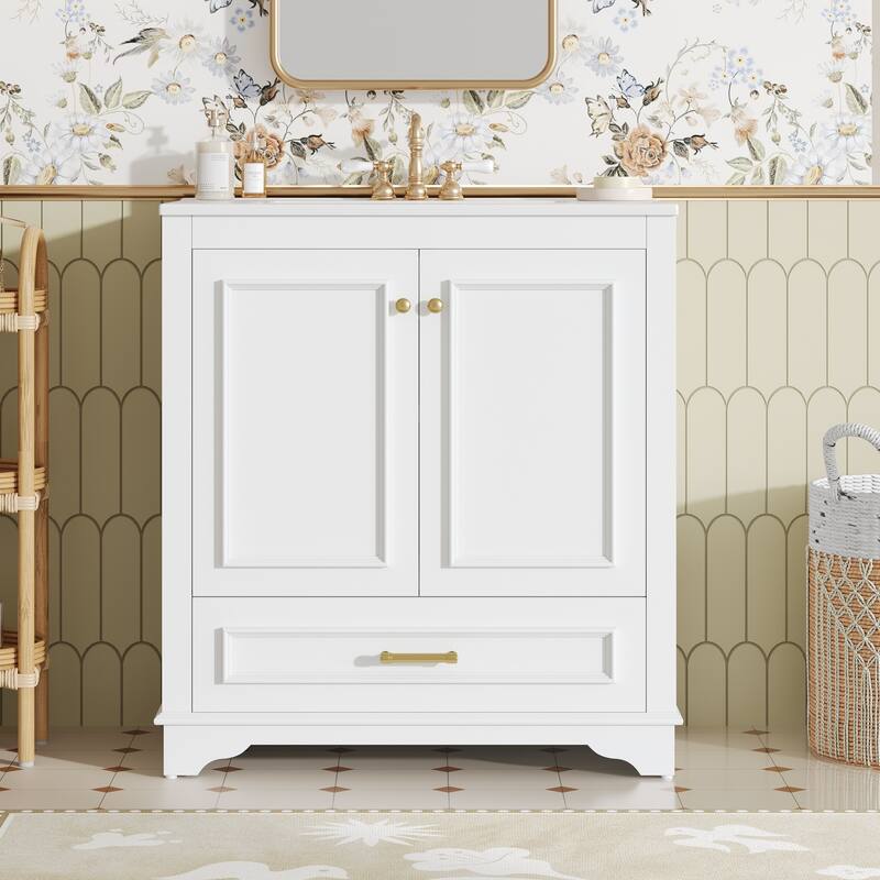 Luxurious 30" Bathroom Vanity with Ceramic Sink, 2 Soft Closing Doors & Solid Wood Frame Storage Cabinet - White