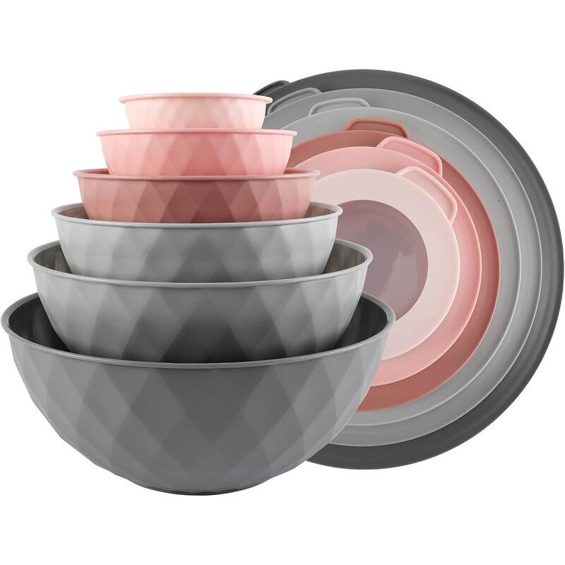 COOK WITH COLOR Mixing Bowls with Lids 12 Piece Plastic Nesting Bowls Set includes 6 Prep Bowls and 6 Lids Diamond Design - Grey / Pink
