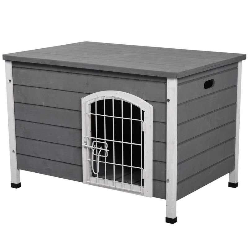 PawHut 21'' Wooden Decorative Dog Cage Kennel Wire Door with Lock Small Animal House with Openable Top Removable Bottom Gray