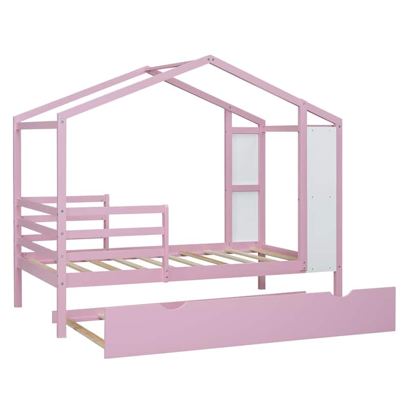Wood House Bed with Fence and Writing Board