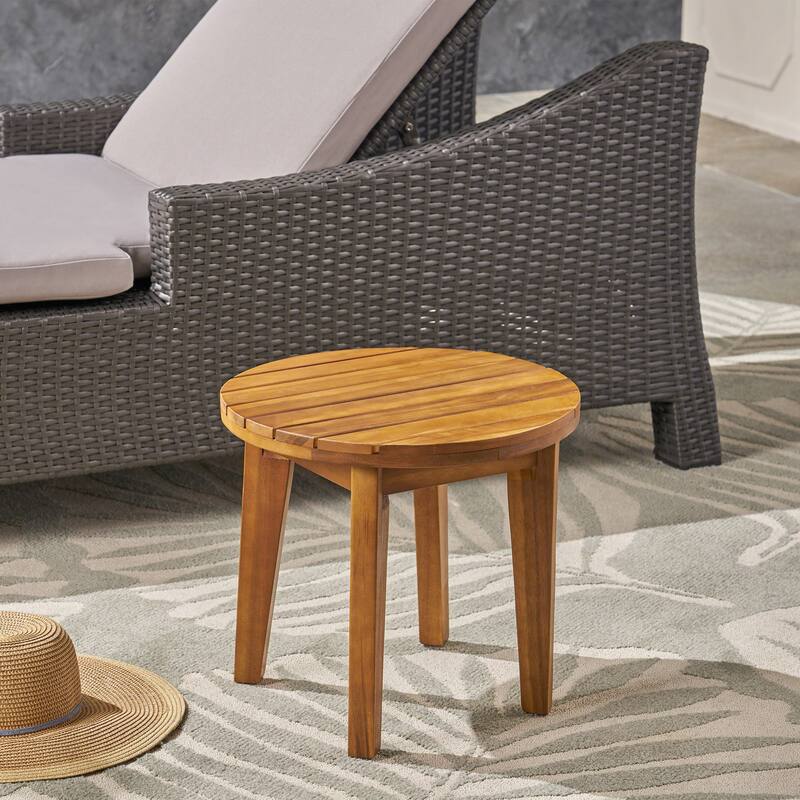 Roomfitters Outdoor Side Table, 16" Round Acacia Wood Patio Accent Table for Garden, Balcony or Deck, Teak Finish