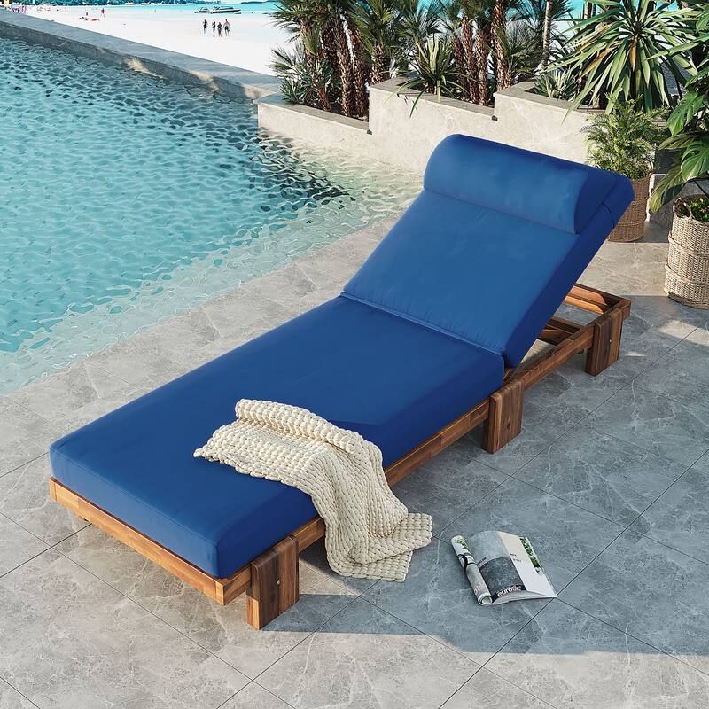 78.8" Acacia Wood Outdoor Patio Chaise Lounge - Adjustable Recliner with Headrest & Retractable Side Tray for Poolside, Garden