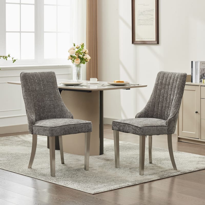 Chenille Fabric Dining Chairs, Tufted Upholstered Kitchen Chairs, High Back Dining Chairs with Stainless Steel Legs