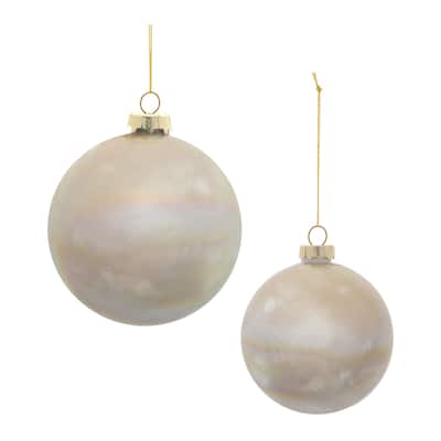 Set of 6 Iridescent Cloudy Glass Christmas Ornaments – White & Pearl Gold Holiday Balls - 3” x 3” x 3.5”