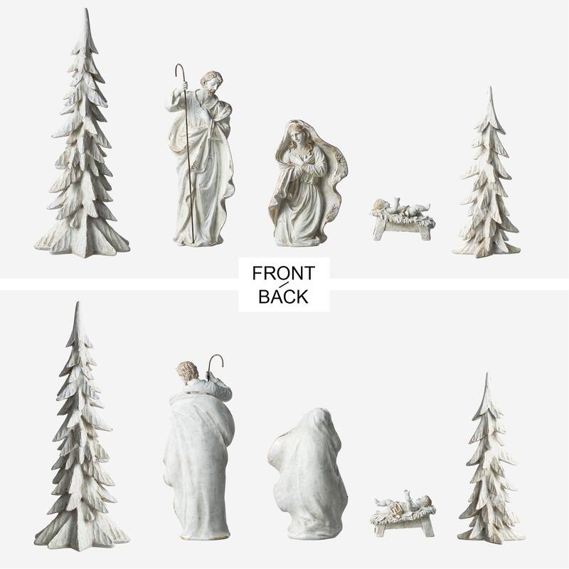 Glitzhome S/5 24.5"H/14"H White/Gold Resin Holy Family Nativity with Christmas Trees