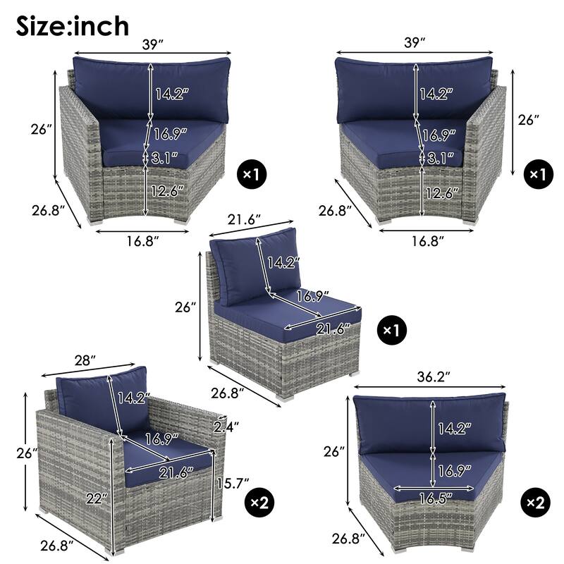 9 Pieces Outdoor Half Moon Patio Sectional Set, All Weather Garden Conversation Wicker Sofa Set with 2 Coffee Tables