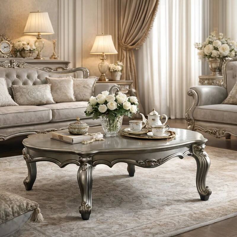 Oval Shaped Wooden Coffee Table with Cabriole Leg Support, Silver