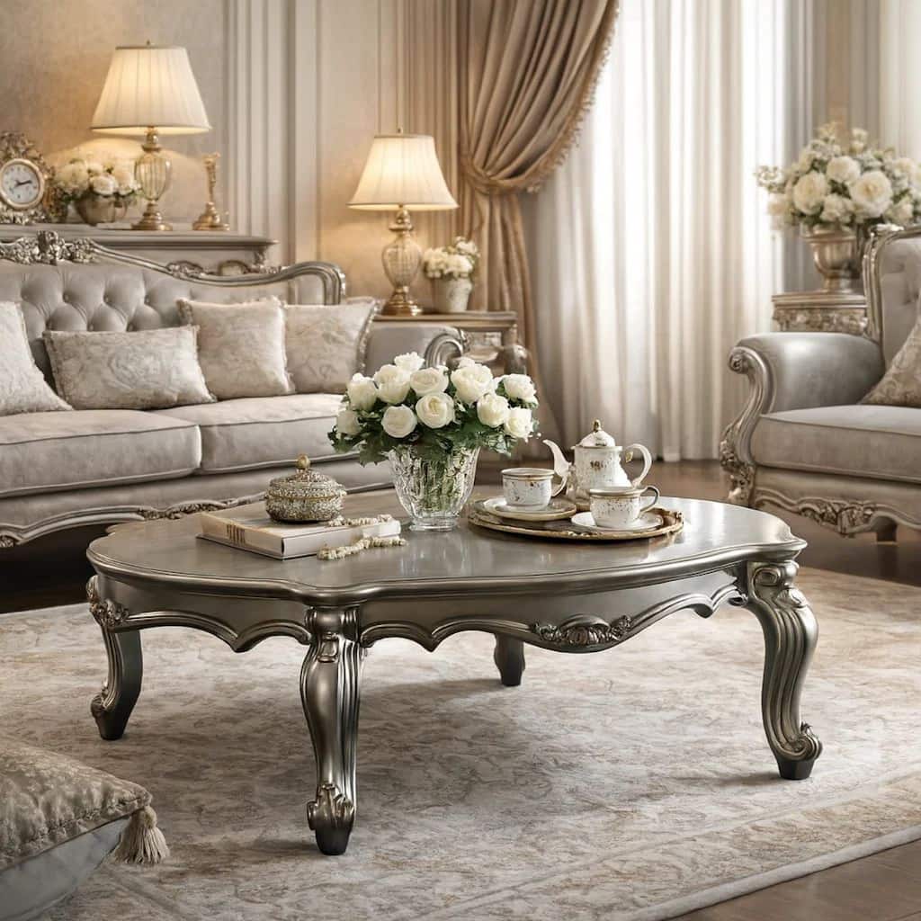 Oval Shaped Wooden Coffee Table with Cabriole Leg Support, Silver