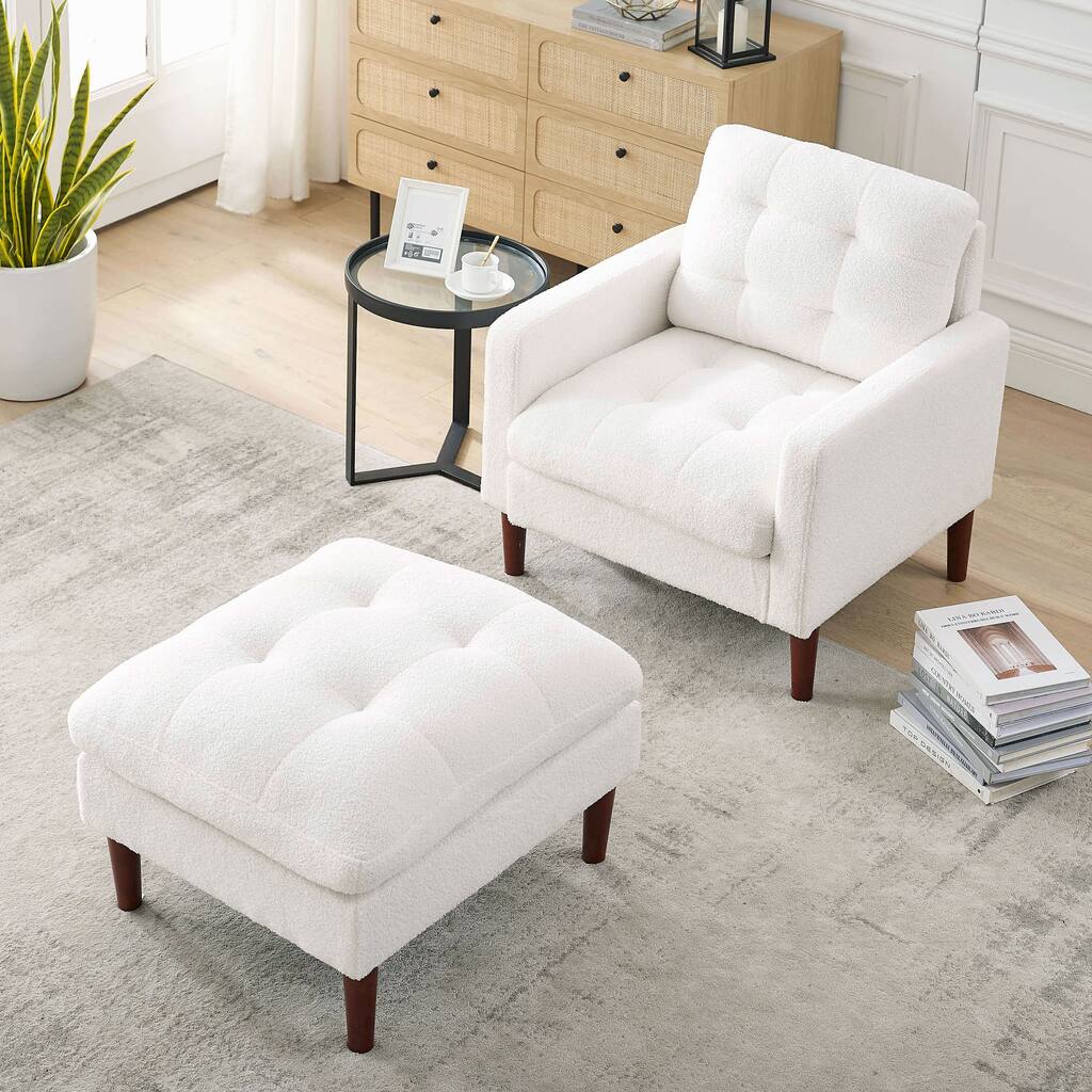 Modern Fabric Upholstered Chair & Ottoman Sets, Comfortable Arm Chair Single Sofa Chair with Solid Wood Legs