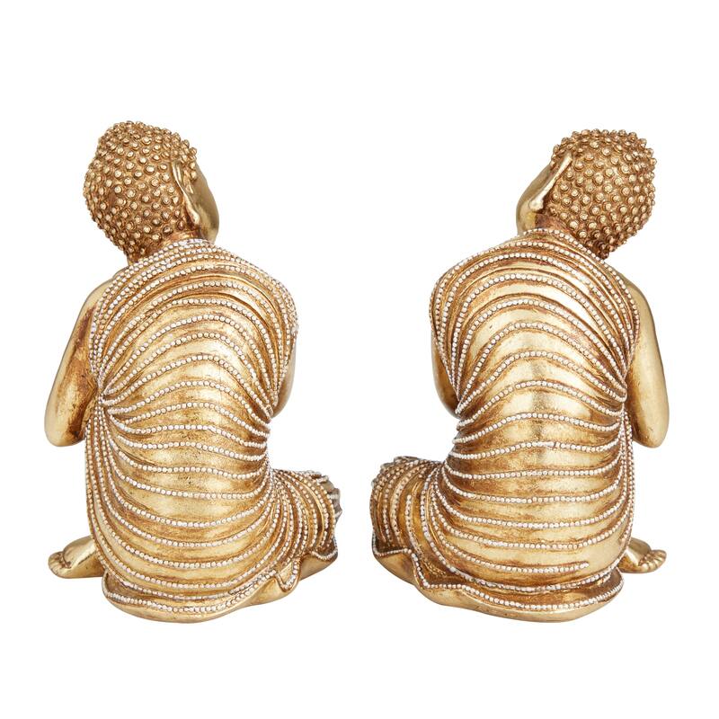 Gold Polystone Traditional Buddha Sculpture with Engraved Carvings and Relief Detailing (Set of 2) - 5 x 4 x 7