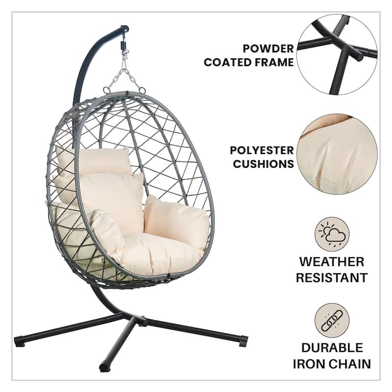 LeisureMod Summit Foldable Hanging Egg Swing Chair with Removable Cushion for Porch, Patio, Backyard, Garden, Lounge