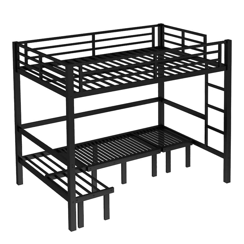 Roomfitters Full/Queen Metal Pull-Out Bunk Bed with 3-Section Expandable Lower Bunk & Safety Rails, Space-Saving Frame, Black