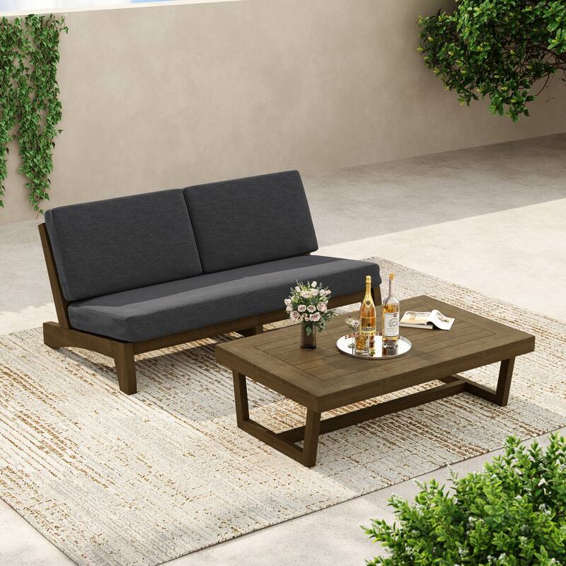 3-Seat Outdoor Sofa Set with Solid Wood Coffee Table, Weather-Resistant Cushions - Dark Grey/Coffee Table - Brown Wood