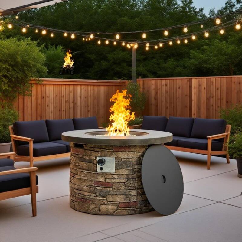 GDFStudio - Modern Outdoor 36'' Propane Gas Fire Pit Table with Hidden Tank Storage & Removable Steel Lid, Cover Included - Beige Multi