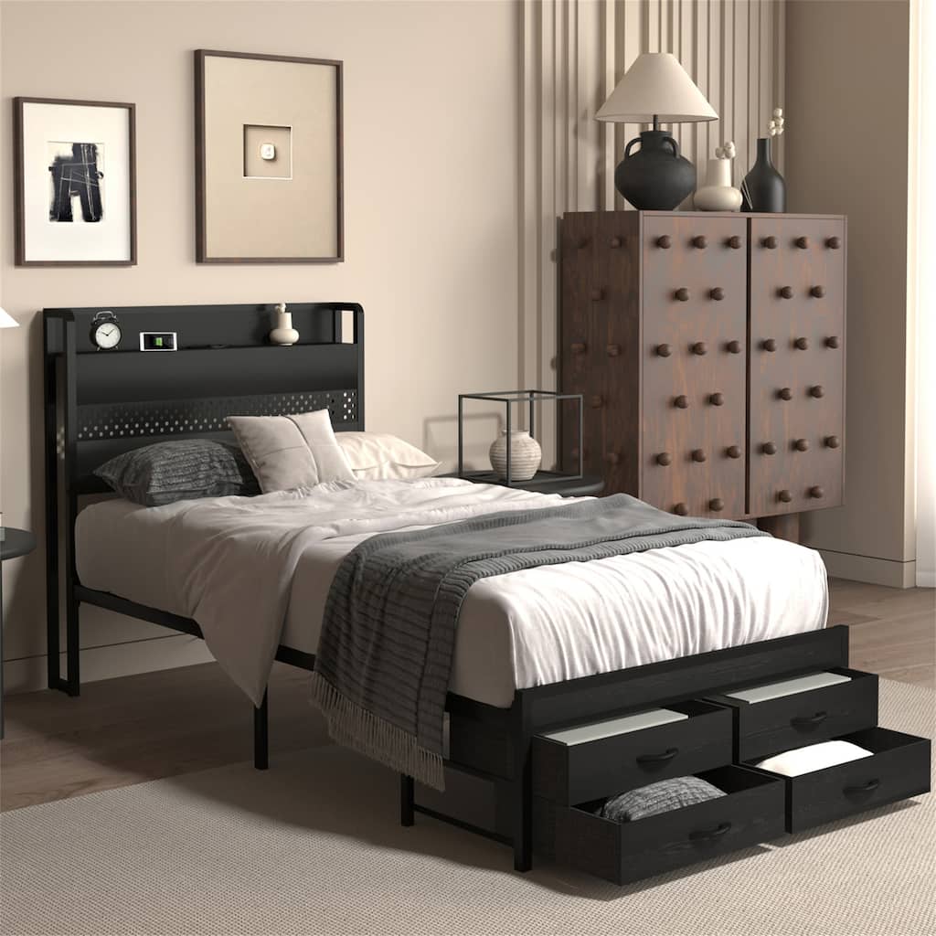 Twin Size Metal Platform Bed Frames with Headboard and Storage Drawer