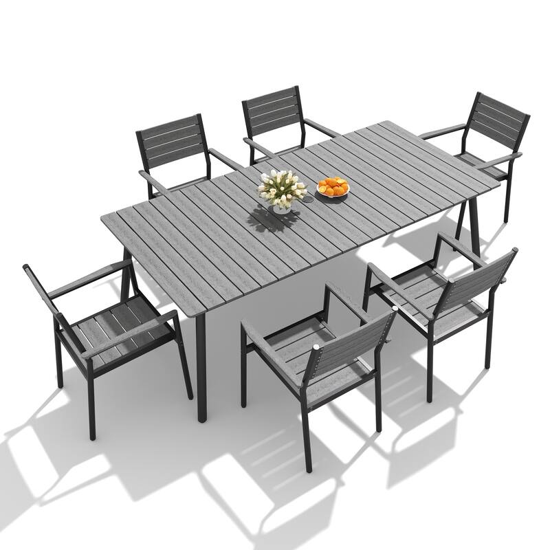 7/9-Piece Outdoor Patio Dining Set Aluminum Dining Table with Umbrella Hole and Stackable Armchairs