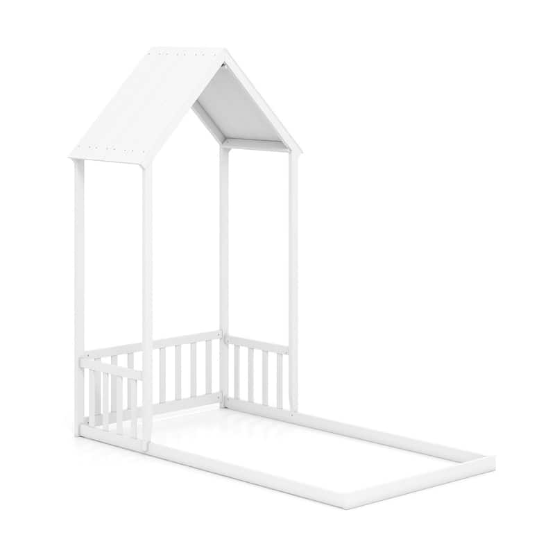 Twin Size Wooden Montessori Floor Bed with House Shape Frame and Semi-Fence Railings for Kids Room