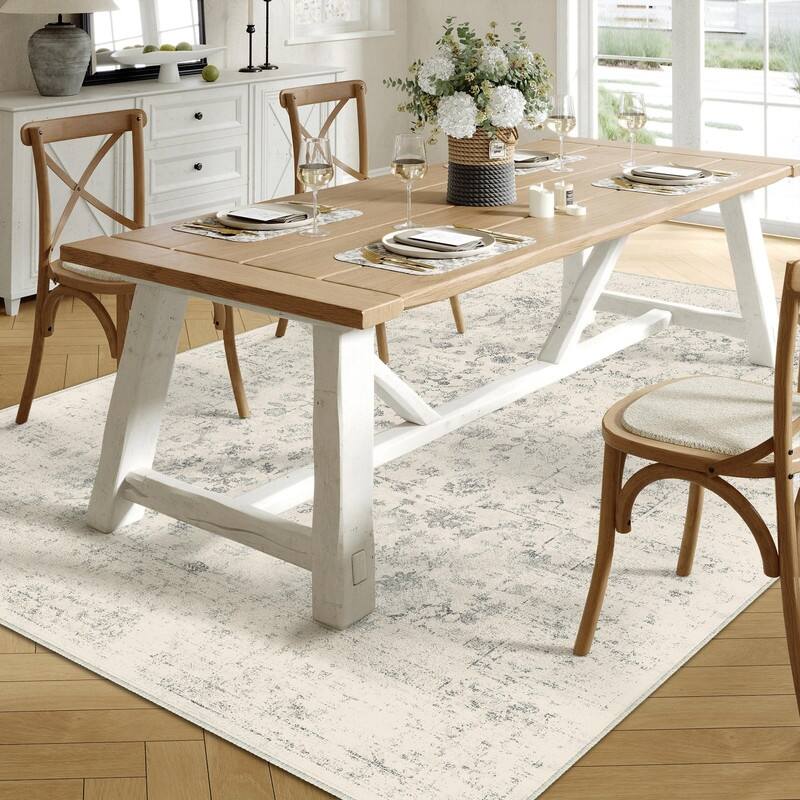 Light Grey Machine Washable Area Rug Retro Floral Vintage Low Pile Carpet