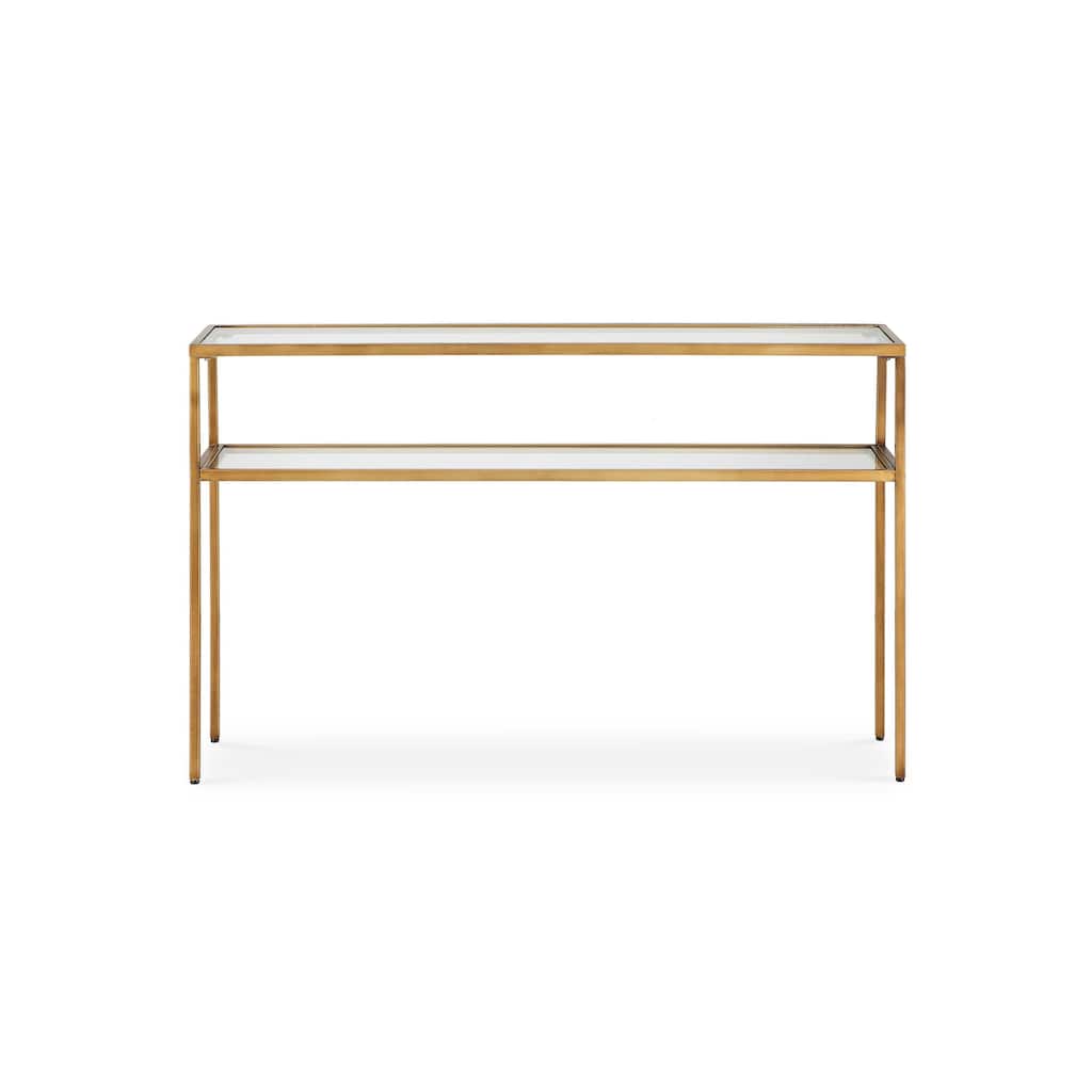 Ted Sofa Console Table w Open Shelf, 48 Inch Glass Top, Gold Iron