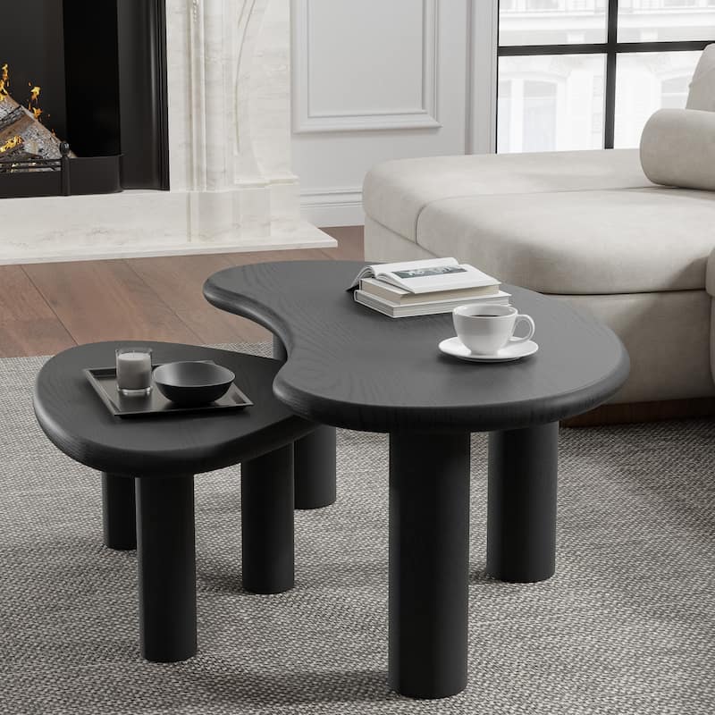 Modern Nested Coffee Tables Set 2-Piece Irregular Shaped Solid Wood Accent Tables for Home Office Living Room