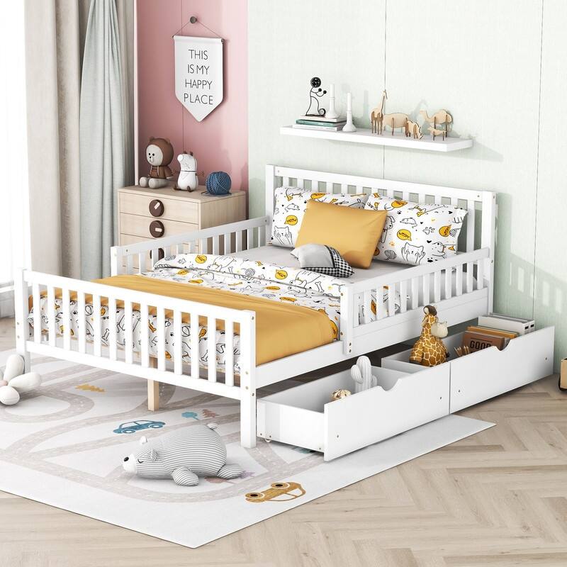 Full Size Wood Platform Bed with Guardrails and 2 Storage Drawers - White