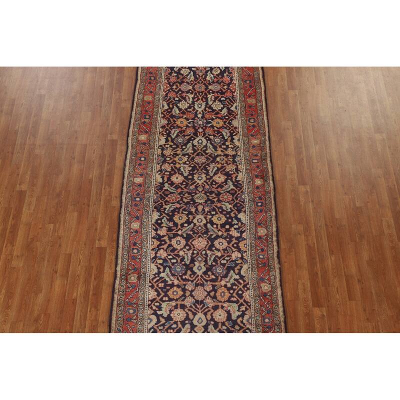 Hand Knotted Oriental 100% Wool Carpet Traditional Geometric Navy Blue & Blues Mahal Runner Rug - 10' 11'' X 3' 11''