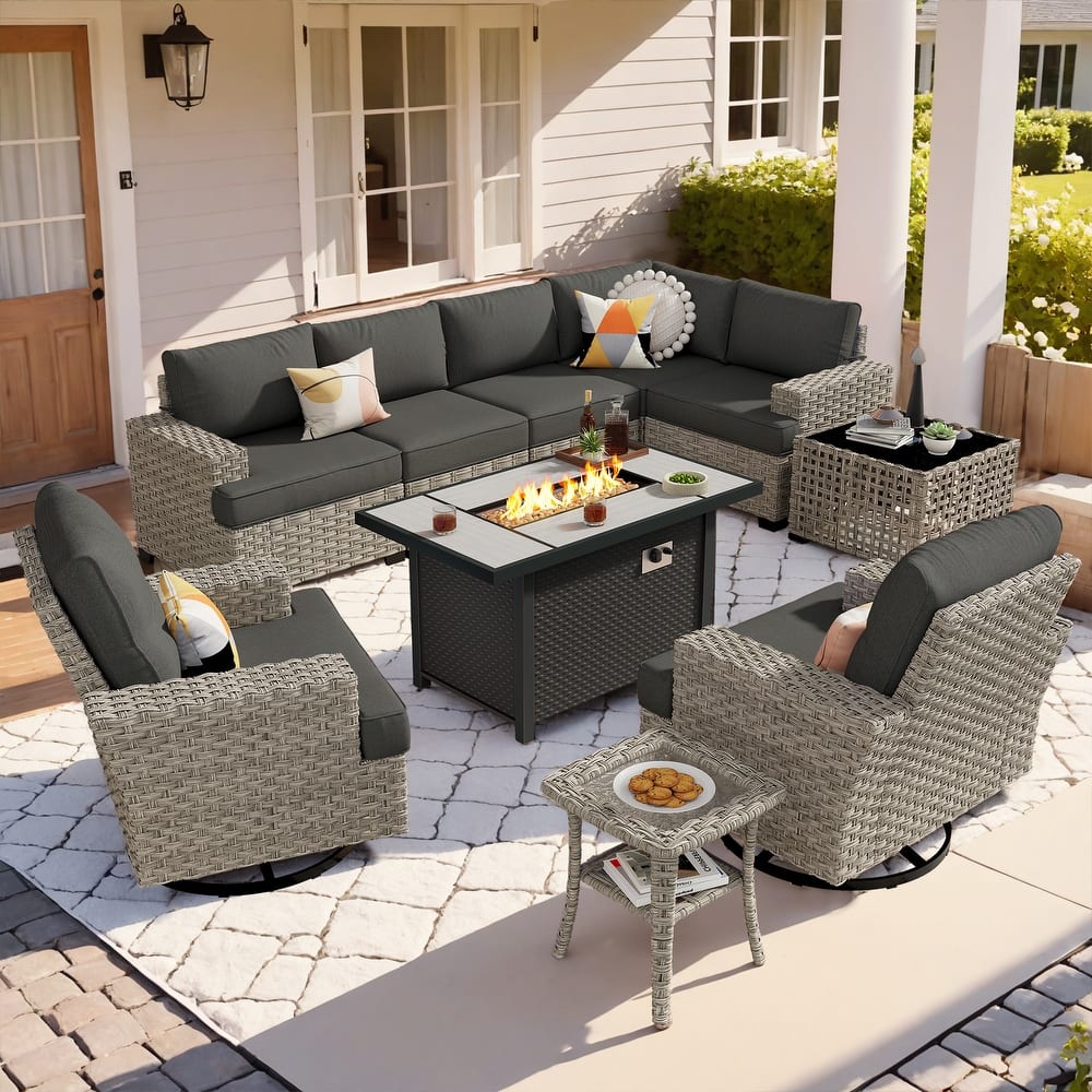 OVIOS 10 Pieces T shaped Seat Wide Armrest Swivel Chair Set With Fire Pit