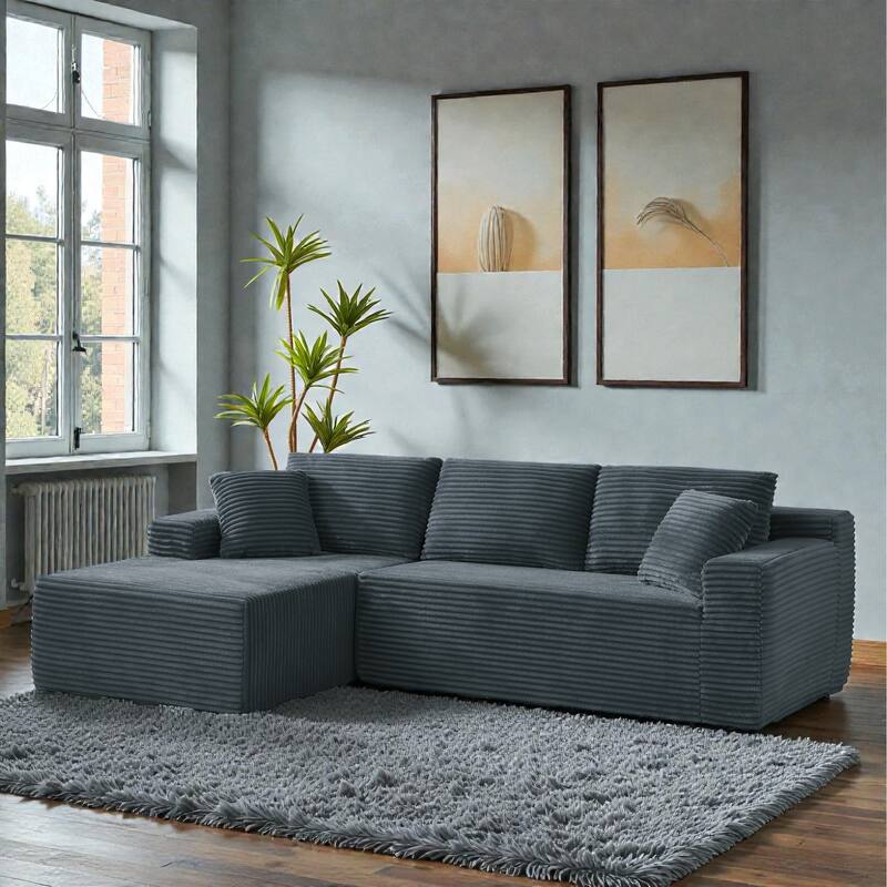 No Assembly Cloud Sectional Sofa, L Shaped Deep Seat Corduroy Modular Couch for Living Room Apartment - Dark Grey
