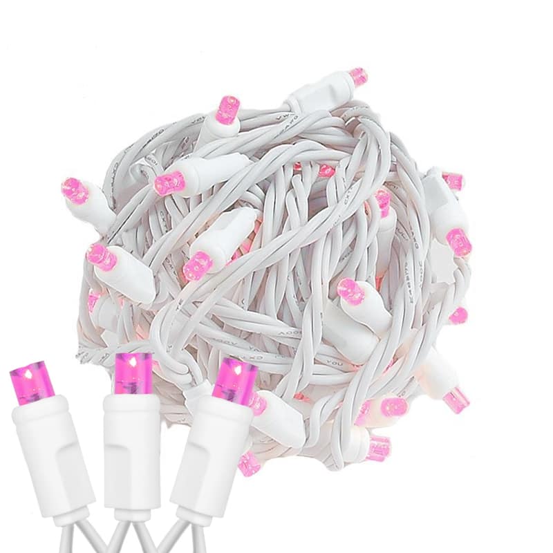 50 Light LED Christmas Mini Light Set, Patio Lights, Warm White, White Wire, 11’ - Pink