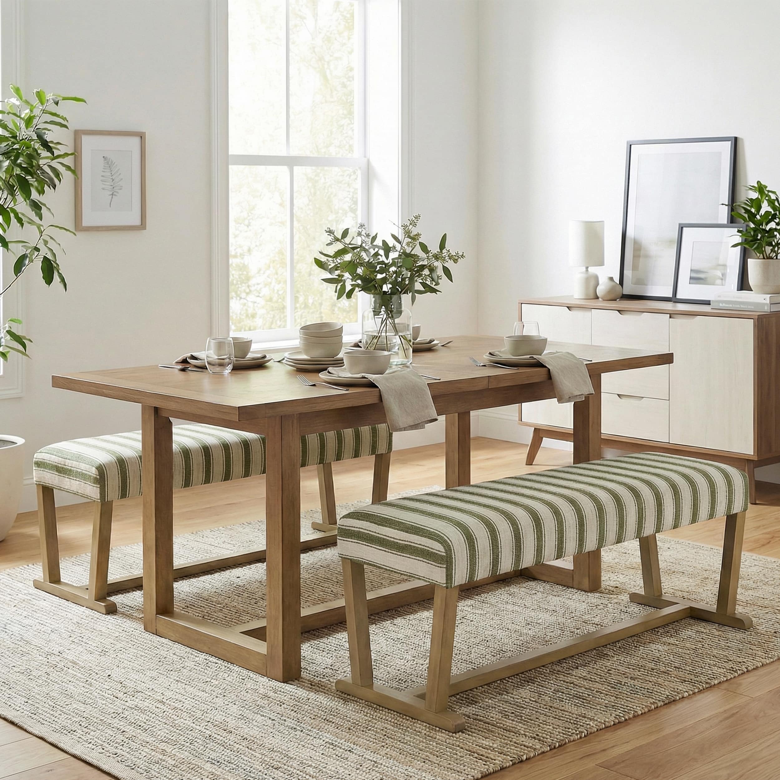 Upholstered stripe Bench with Rubberwood Legs /Modern End of Bed Bench for Living Room and Hallway